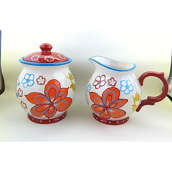 Dutch Wax Vibrant Floral Sugar Bowl and Creamer by Coastline Imports Red Accents - Picture 1 of 9